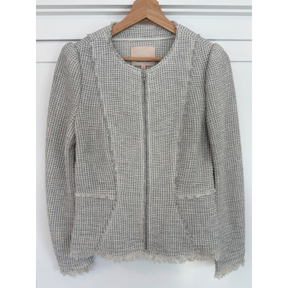 Rebecca Taylor Grey Metallic Tweed Fringe Zip Front Lady Jacket Size 4
